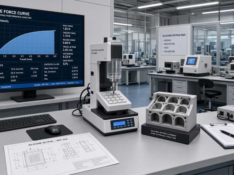 Wide lab view of force travel analyzer testing a silicone keypad with force curve monitor and cutaway model for Silicone Keypad Testing Services