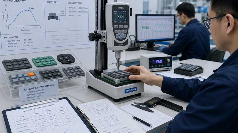 silicone keypad quality validation laboratory showing engineers testing prototype silicone keys