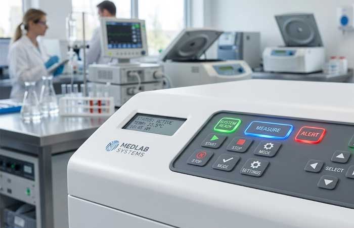 未标题 1.jpgA medical device featuring custom LED silicone keypads with glowing status indicators in a clean laboratory environment
