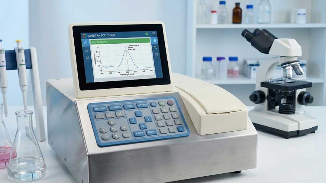 A benchtop scientific instrument featuring a custom laboratory equipment silicone keypad on a workstation near a microscope