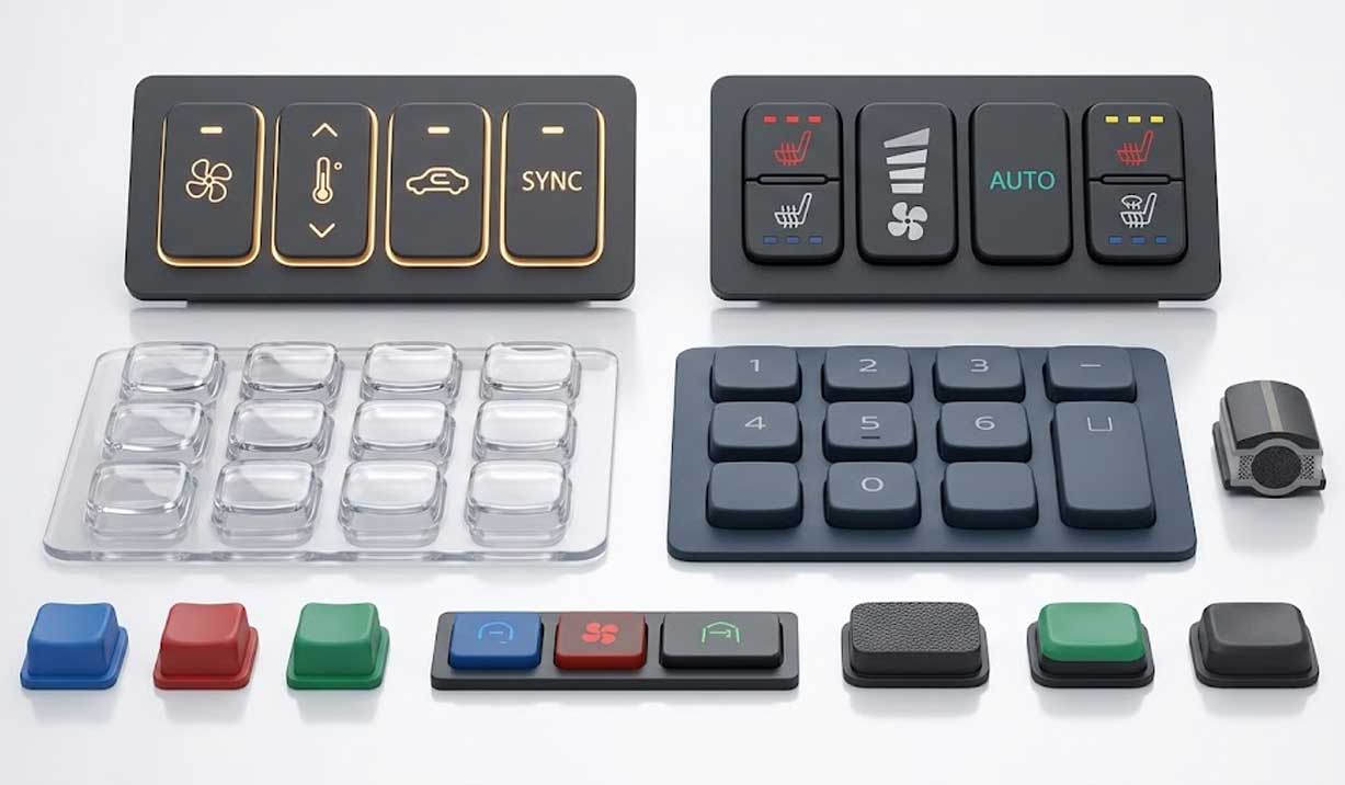 A close up view of Automotive Electronics Silicone Keypads featuring printed symbols and a keypad layout on a white background