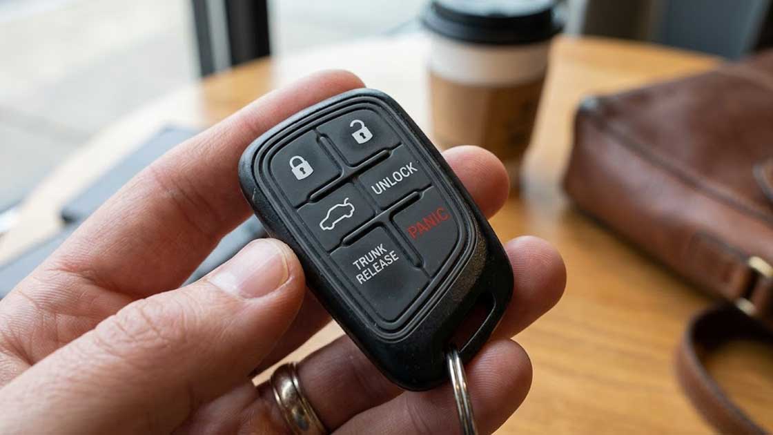 A close up view of Automotive Electronics Silicone Keypads integrated into a multi button smart car key fob held in a hand
