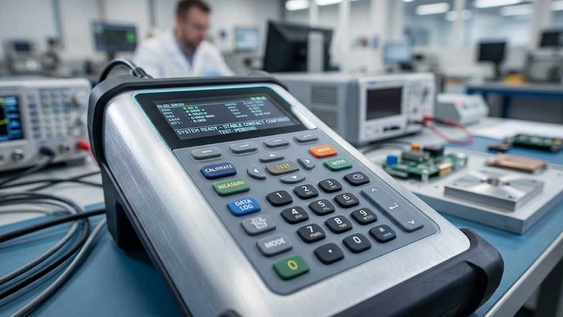 A close up view of a benchtop testing instrument with a laboratory equipment silicone keypad in a quality control environment