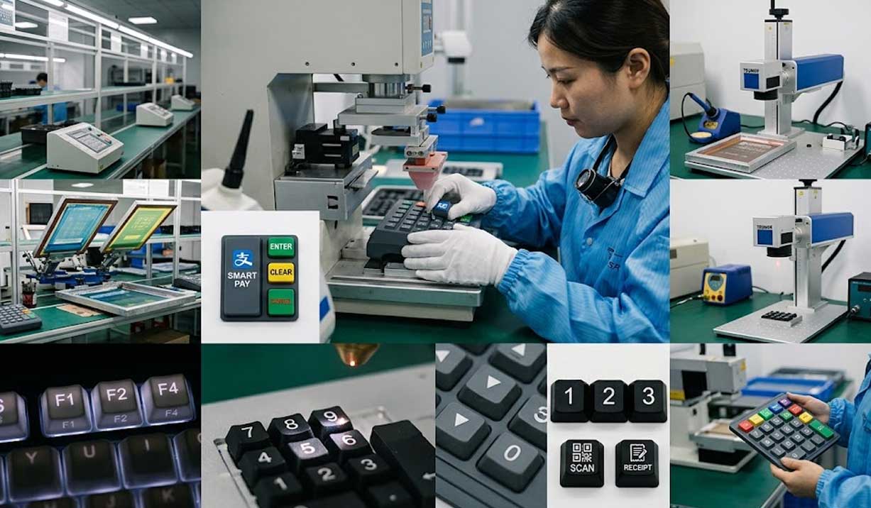 A collage showing workers screen printing pad printing and laser etching customized graphics on silicone POS keypads