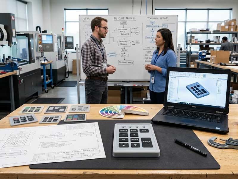 A custom PU coated silicone keypad prototype sits on a desk beside CAD technical drawings and a laptop in an engineering workshop