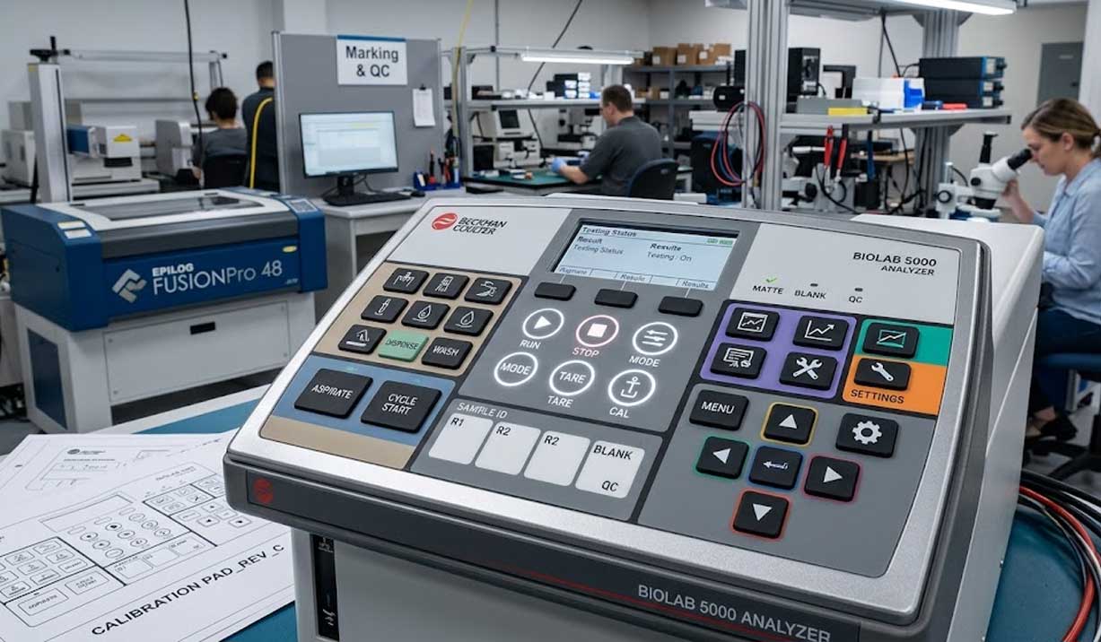 A custom laboratory equipment silicone keypad with printed icons is installed on a scientific analyzer control panel