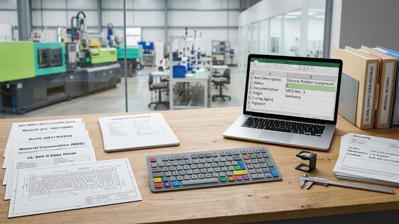 A custom silicone keypad rests on a desk surrounded by compliance documents and a laptop with a factory visible through the window