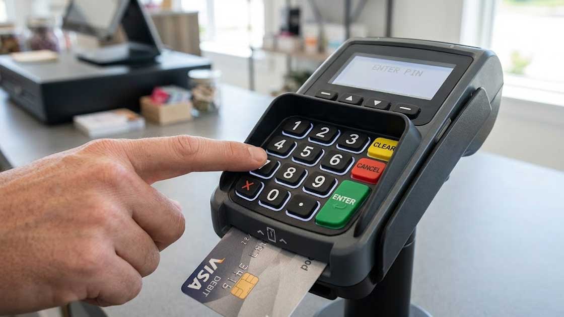 A customer enters a security code on a payment terminal silicone keypad with high contrast numeric buttons