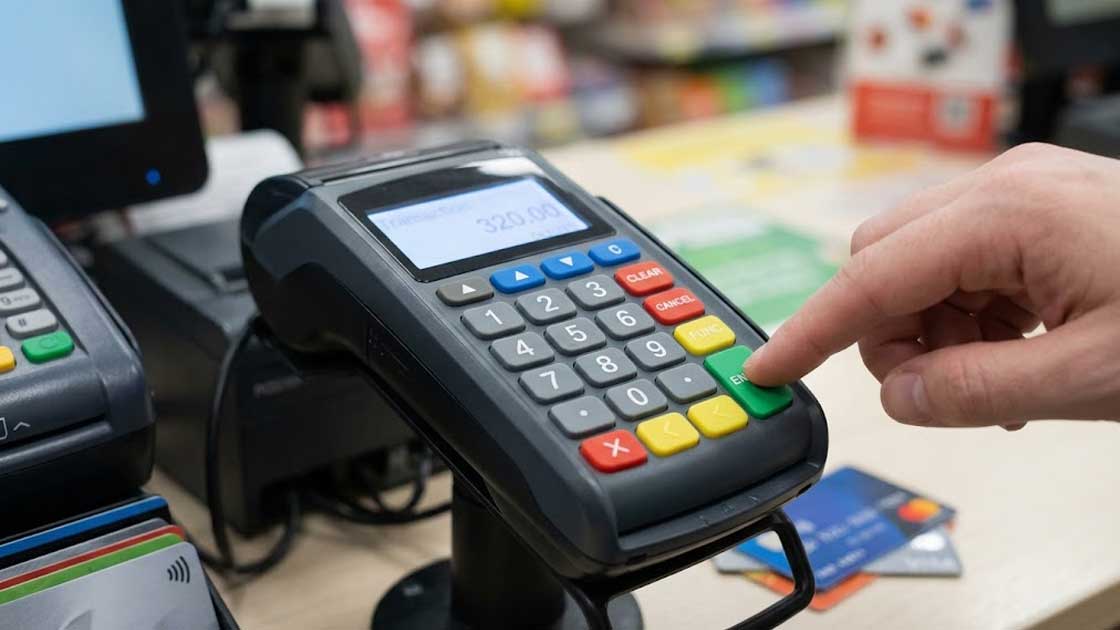 A customer uses a silicone keypad on a black countertop POS terminal to enter details during a retail transaction
