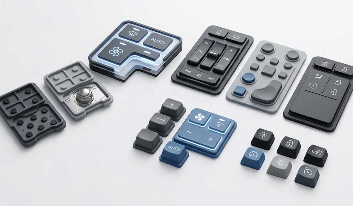 A detailed presentation of Automotive Electronics Silicone Keypads displaying functional options like conductive carbon pills metal domes and backlit components on a white background