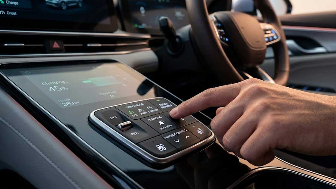 A driver interacts with backlit Automotive Electronics Silicone Keypads integrated into a futuristic electric vehicle center console interface