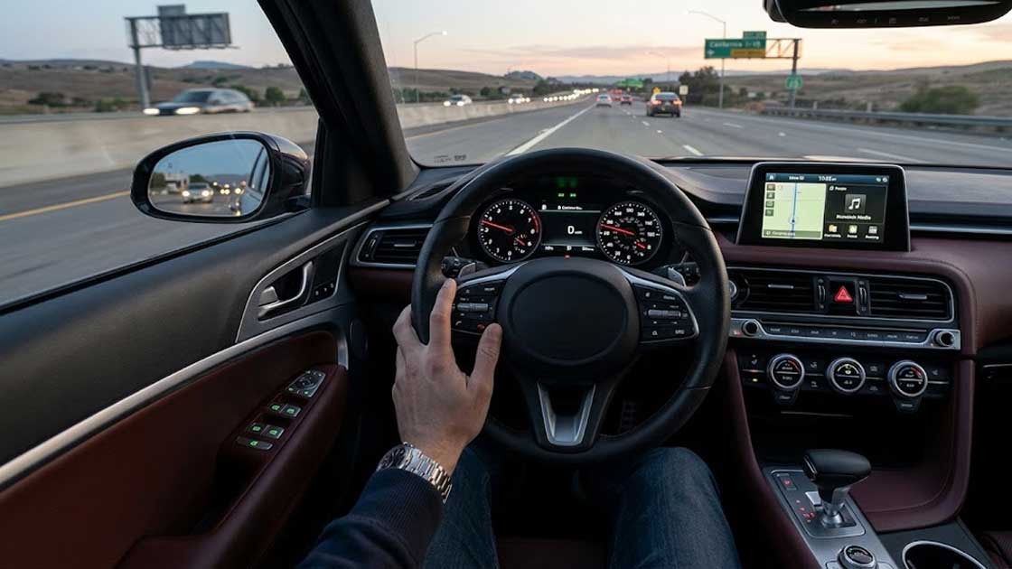 A drivers hand touches a steering wheel in a modern car interior featuring a PU coated silicone keypad on the door control panel 1
