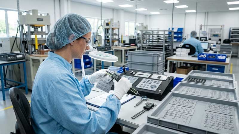 A factory technician inspects a molded silicone keypad sample with digital calipers beside trays of finished keypads