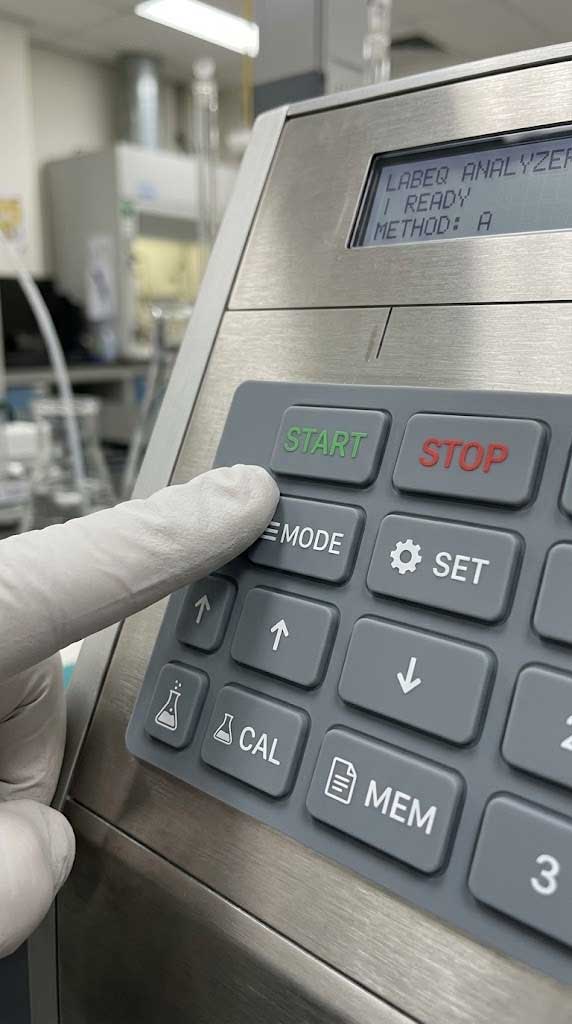 A gloved finger presses a button on a laboratory equipment silicone keypad installed on a stainless steel instrument panel