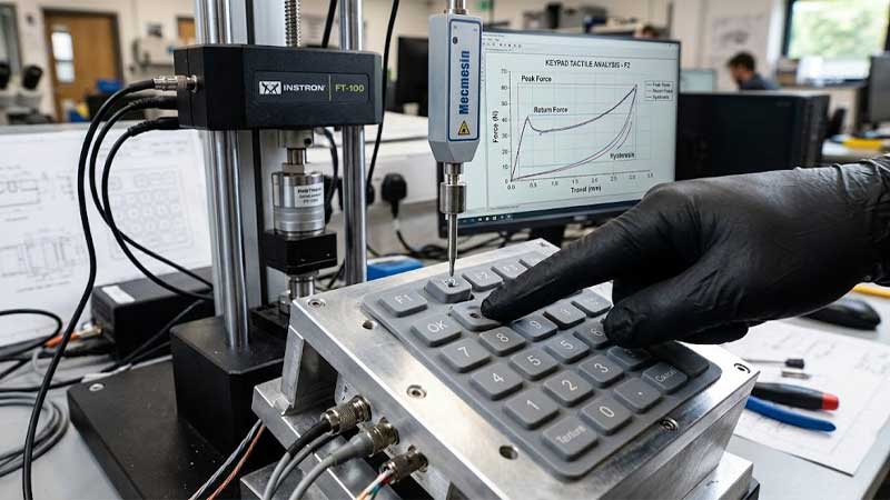 A gloved finger presses a custom silicone keypad button during force measurement testing in a lab setting