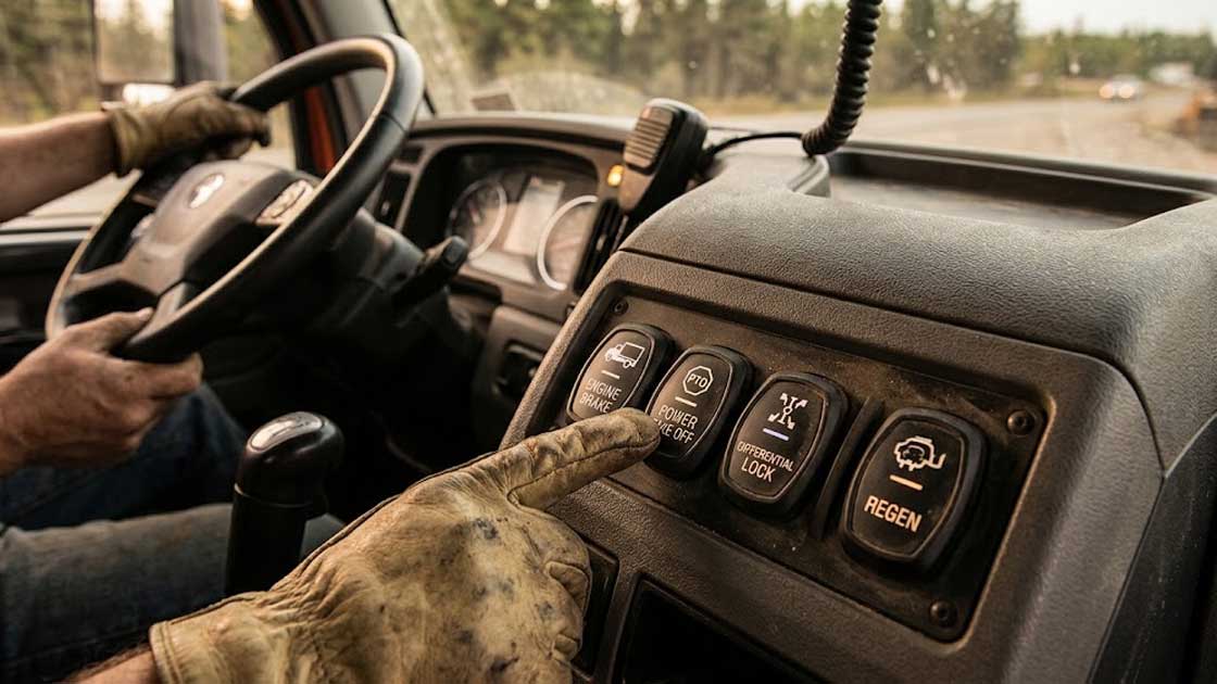 A gloved hand operates robust backlit Automotive Electronics Silicone Keypads on the control panel of a commercial truck cabin
