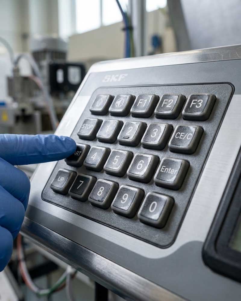 A gloved hand presses a key on industrial equipment featuring Protective Coated Silicone Keypads with crisp labels and durable matte finish