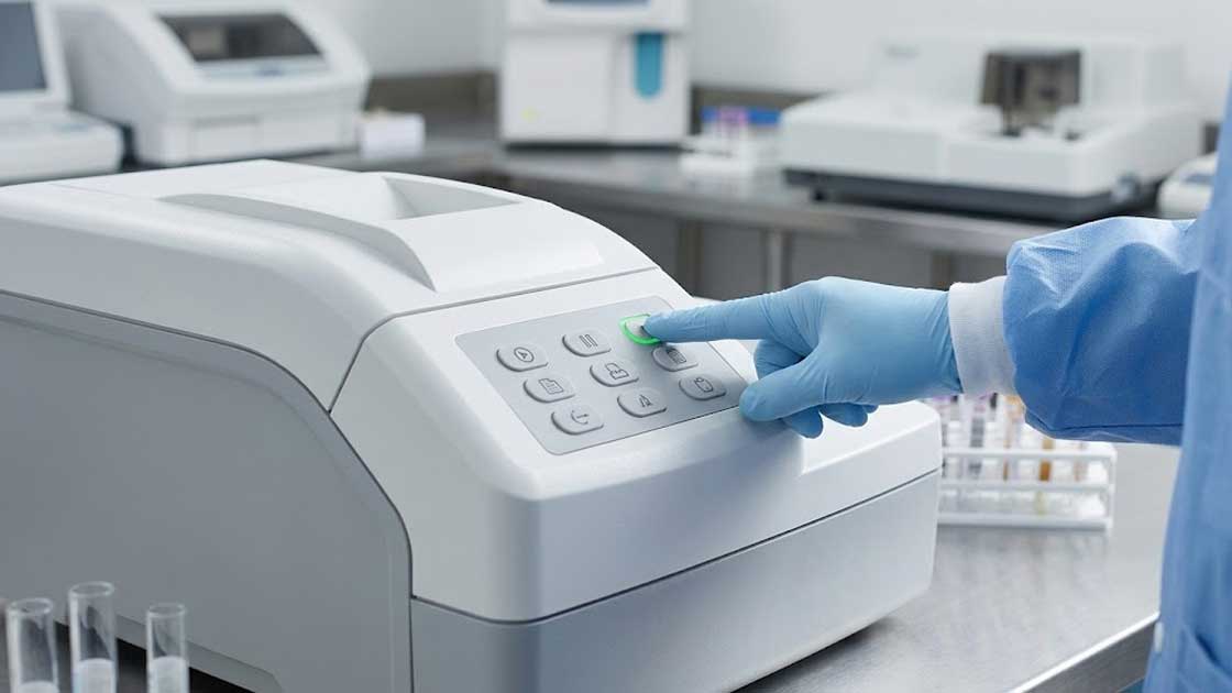 A gloved technician operates a white medical laboratory instrument featuring Tactile Silicone Buttons in a clean lab setting