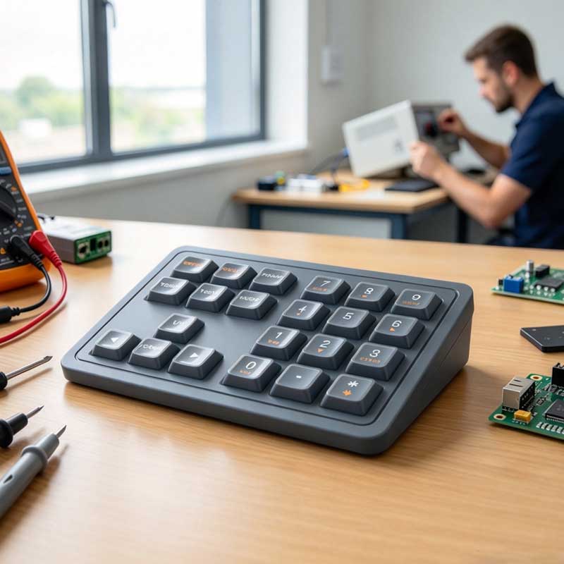 A grey PU coated silicone keypad with printed legends lies flat on a wooden workbench surrounded by electronic testing equipment