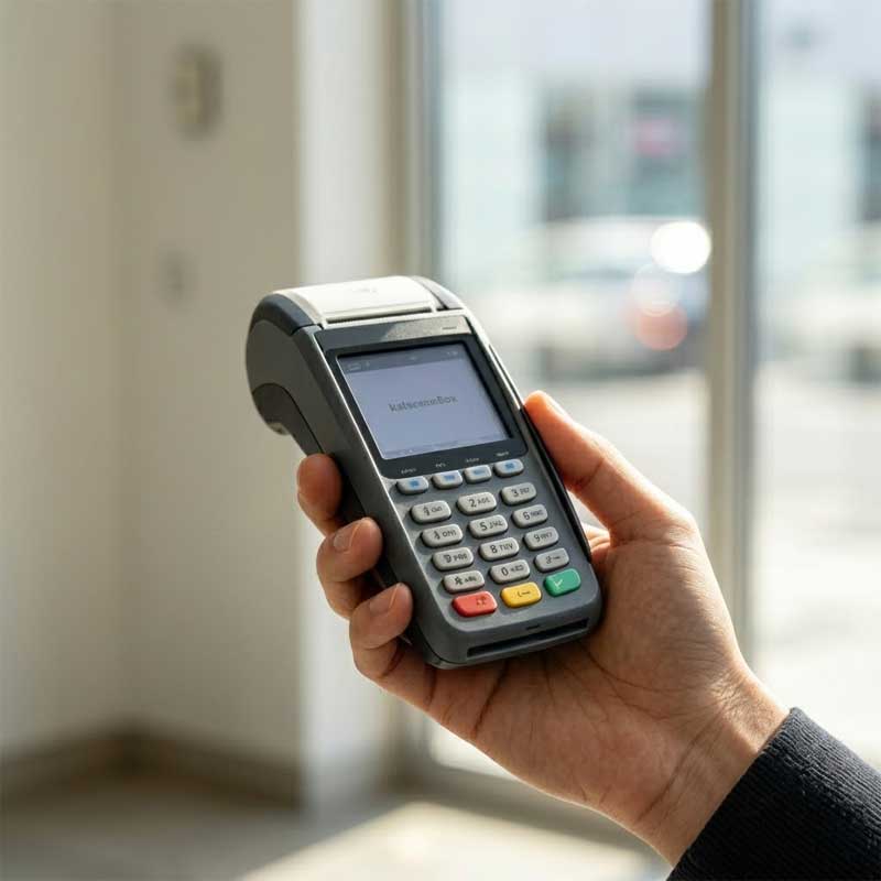 A hand holding a POS machine with silicone keypads set against a softly blurred bright background