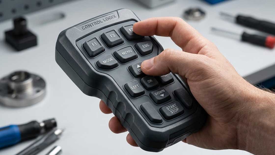 A hand holds a rugged industrial control device equipped with custom metal dome silicone keypads for ergonomic thumb operation