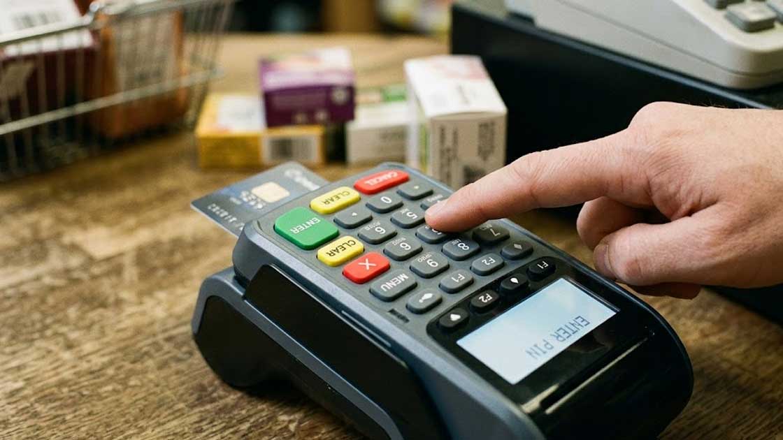 A hand presses a silicone key on a payment terminal while a credit card is inserted into the card reader