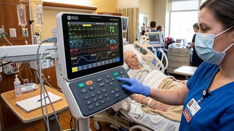 A healthcare worker presses a integrated silicone keypad on a medical monitor in a patient room