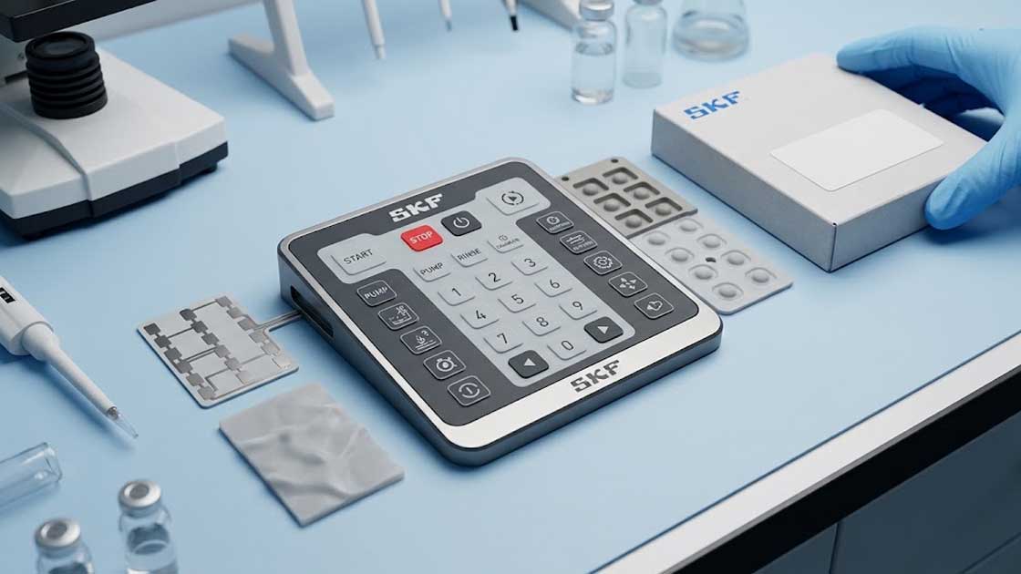 A high angle photo shows an SKF laboratory equipment silicone keypad and its internal components on a blue benchtop with a microscope pipette and vials