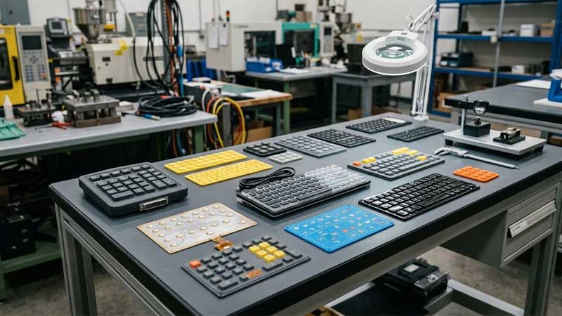 A high detail overview of custom silicone keypads and contact components arranged on a factory engineering inspection table