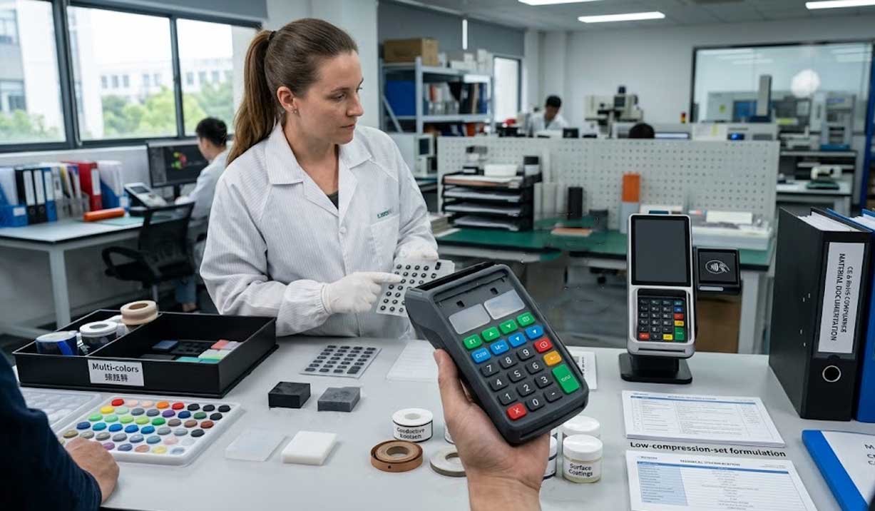 A lab technician holding a POS terminal silicone keypad next to silicone raw material samples hardness blocks and compliance files