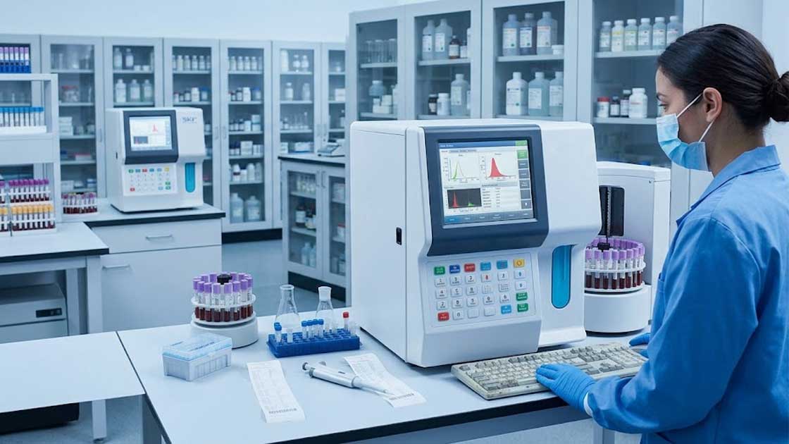 A laboratory technician operates a medical analyzer featuring epoxy coated silicone keypads on its front control panel