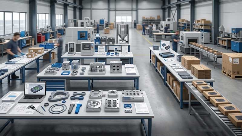 A layout compares custom silicone product development with established product packaging along two manufacturing workflows in a factory