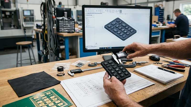 A machinist in a workshop measures a black rubber keypad with digital calipers referencing a technical drawing and CAD design on a monitor