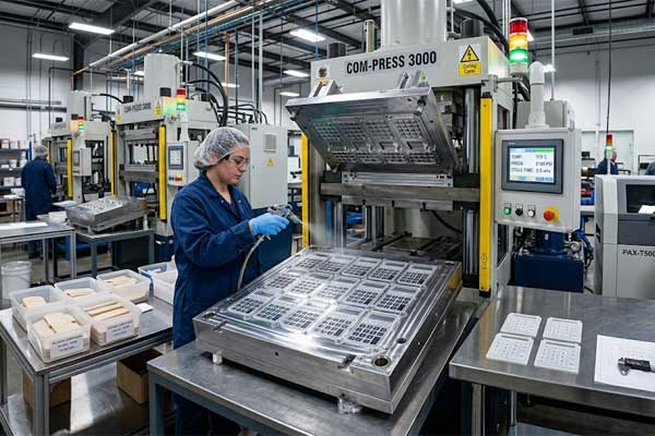 A manufacturing worker in a blue uniform and safety gear sprays a large multi cavity keypad mold on an open compression press
