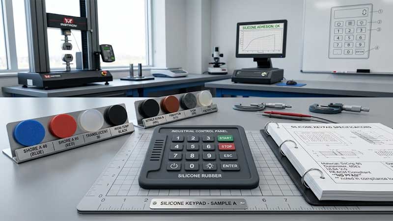 A molded silicone keypad displayed on an engineering table alongside material samples technical specifications and testing equipment