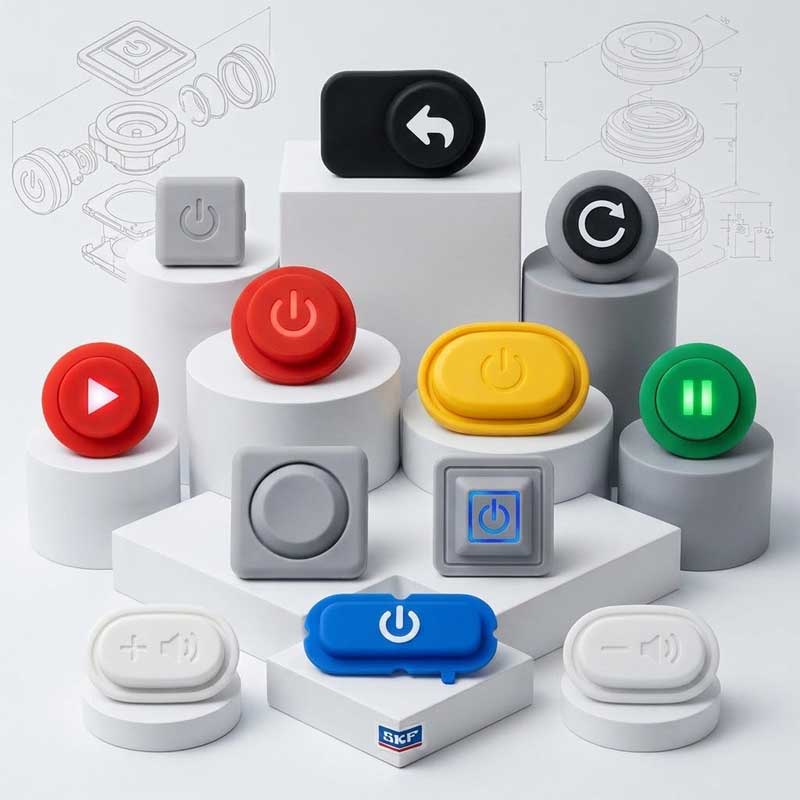 A neat display of colorful custom tactile silicone buttons in various shapes on pedestals with technical drawings in the background