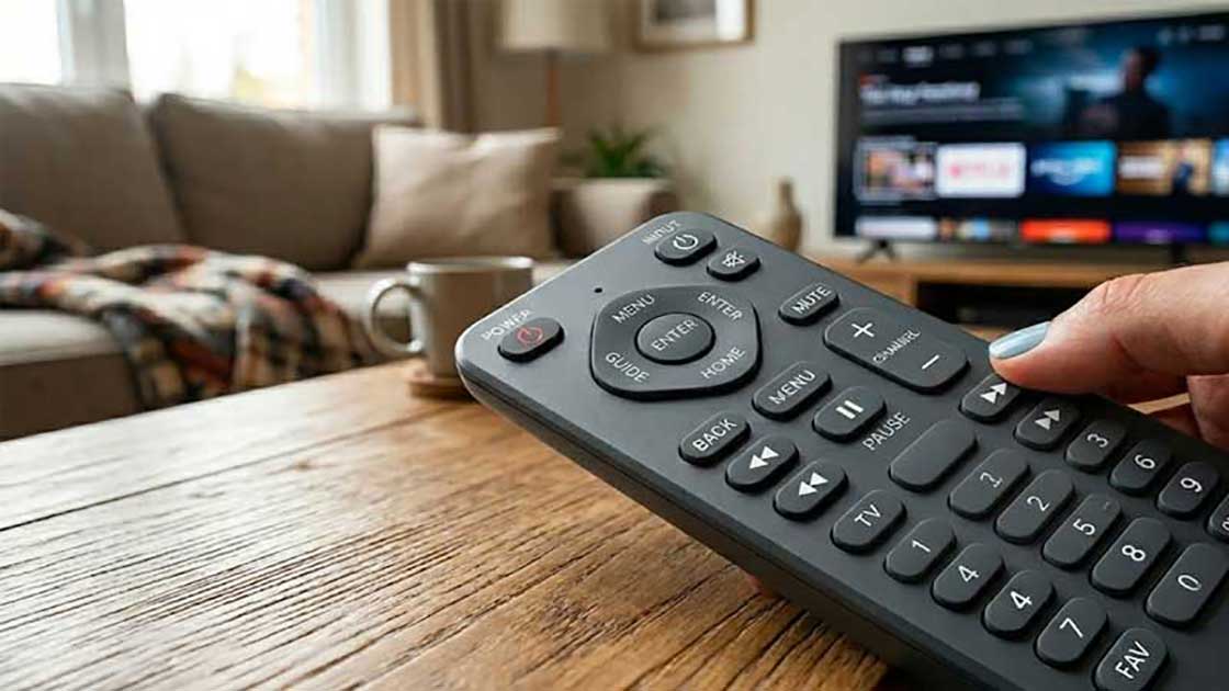 A person hand holds a sleek TV remote control with screen printed silicone keypads in a living room