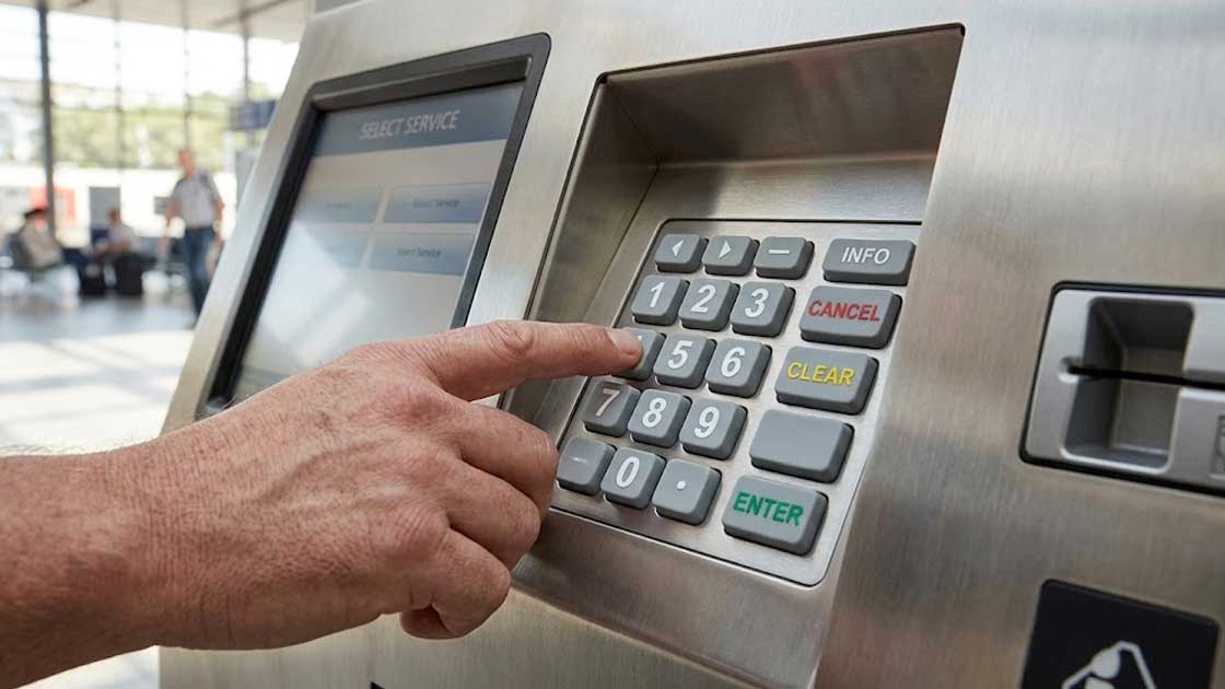 A person uses a durable silicone keypad built into a stainless steel self service kiosk terminal