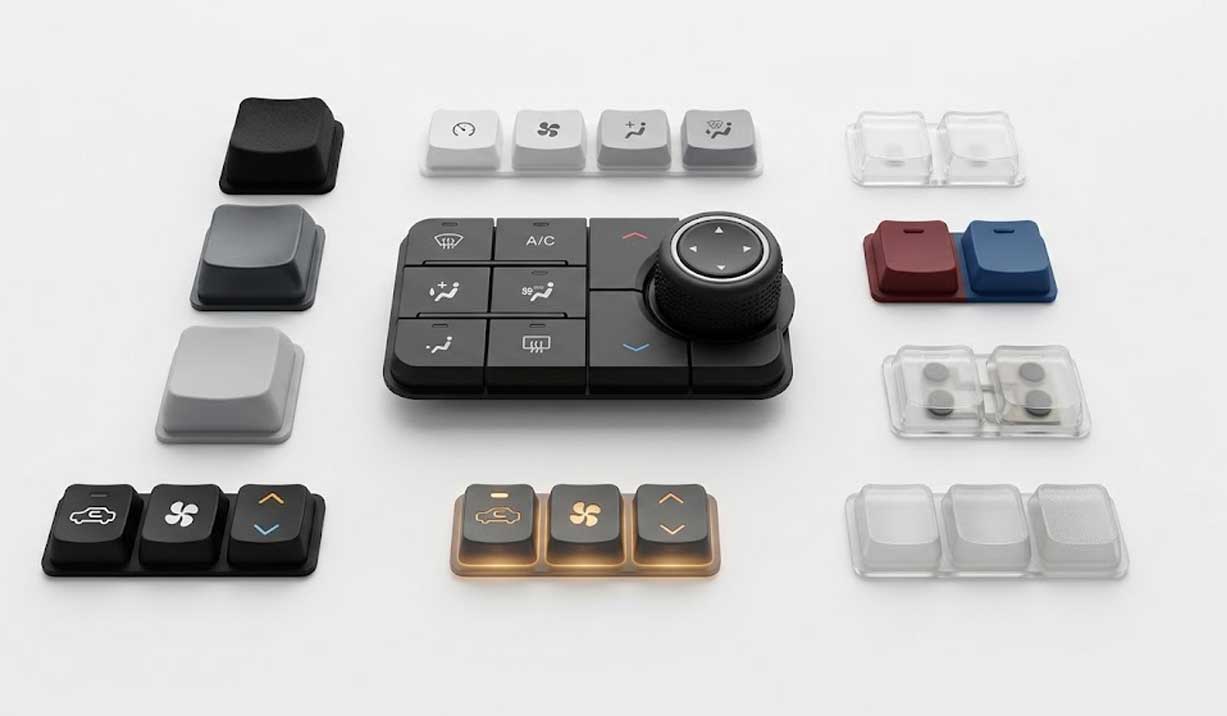A precise product display featuring several custom Automotive Electronics Silicone Keypads in diverse configurations and hardness options on a white background