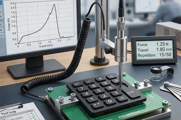 A probe tests actuation force on a tactile silicone keypad mounted on a PCB fixture beside a force travel curve monitor screen