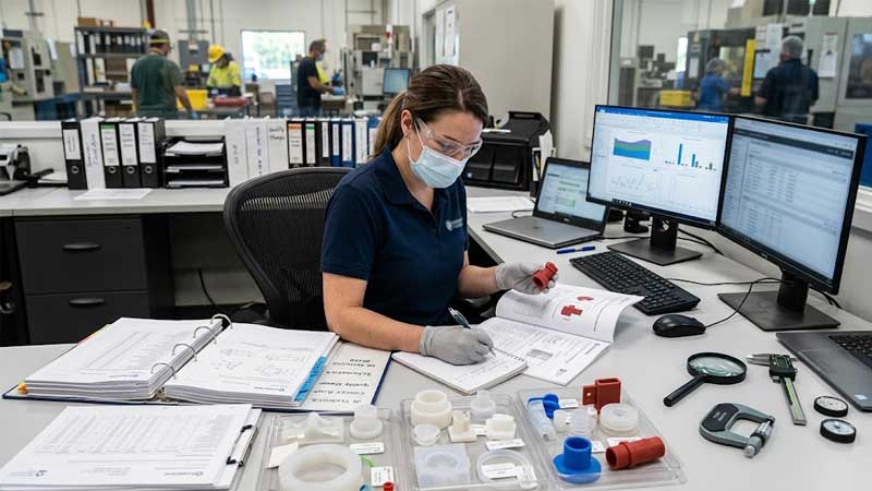 A quality engineer examines a red silicone part while taking notes next to compliance documents and inspection tools