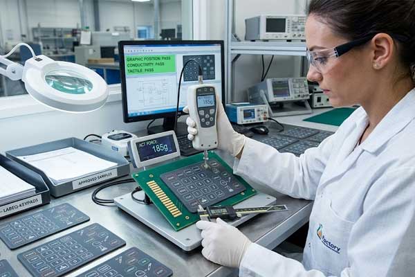 A quality engineer inspects a laboratory equipment silicone keypad using testing instruments in a factory control lab