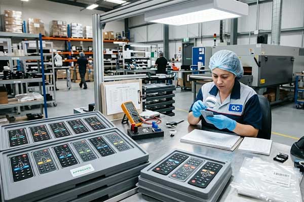 A quality inspector uses a magnifying glass to inspect finished screen printed silicone keypads before packaging