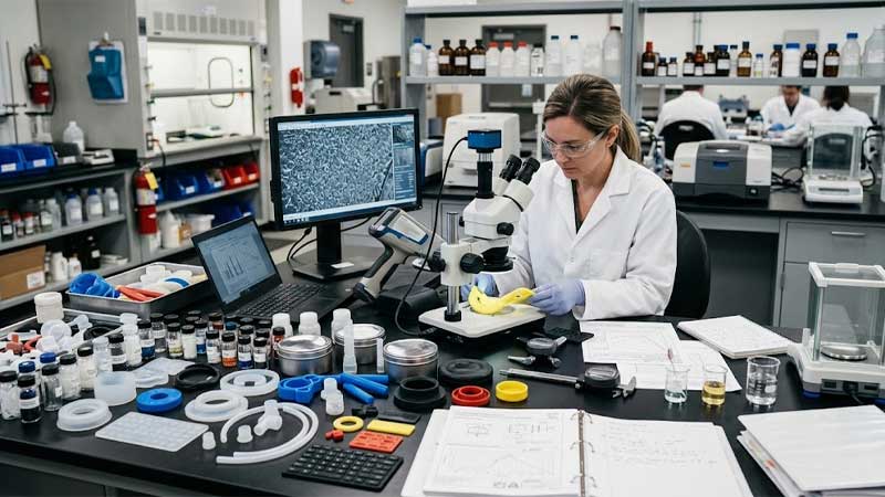 A researcher uses a digital microscope to inspect silicone rubber samples and components in a testing lab
