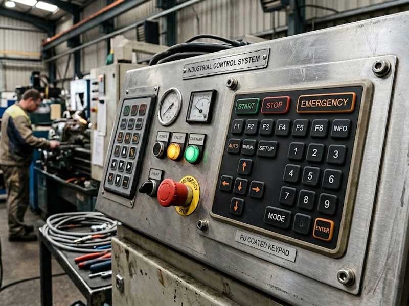 A rugged control panel featuring custom PU Coated Silicone Keypads with precise numerical and functional labels is shown integrated into a industrial machine within a factory setting
