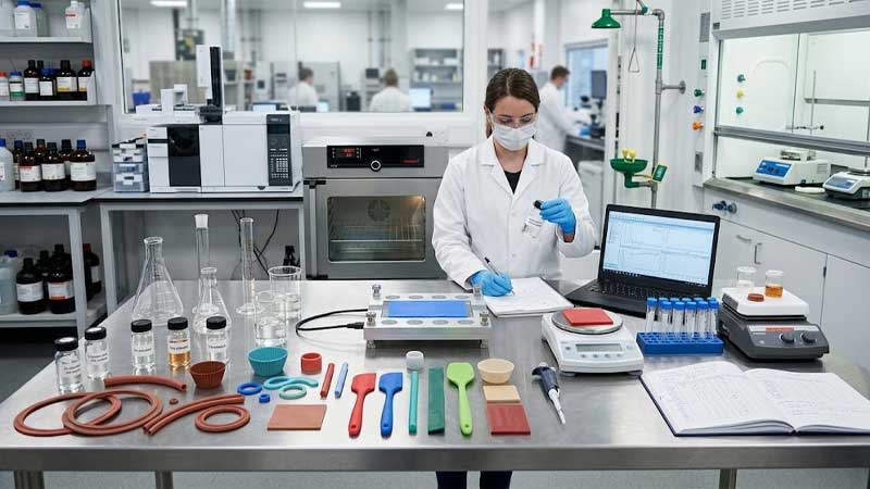 A scientist inspects liquid samples alongside food grade silicone utensils and testing equipment in a food safety laboratory