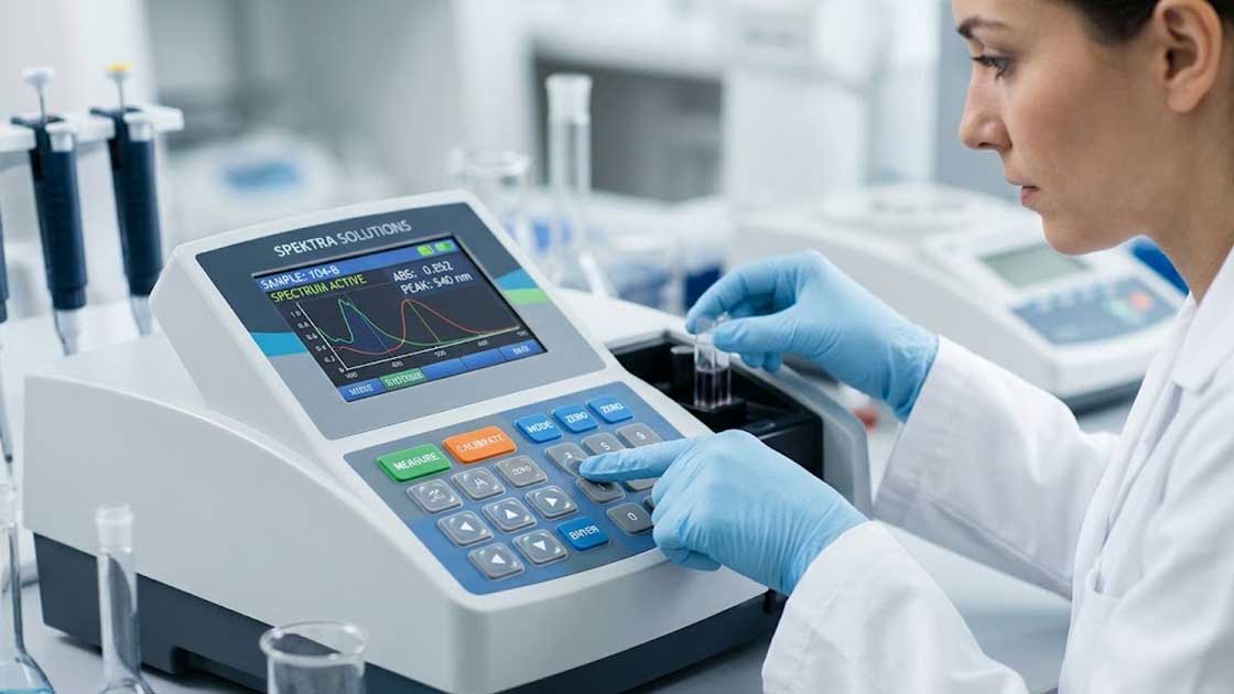 A scientist operates a laboratory equipment silicone keypad on a spectrophotometer during liquid sample testing in a laboratory