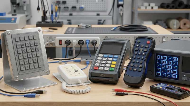 A selection of electronic devices featuring custom silicone keypads set on a workbench with physical support stands and connected cables