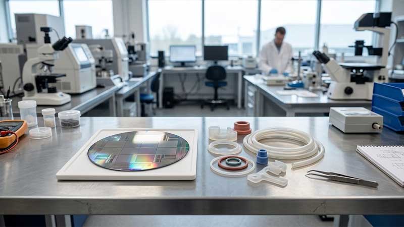 A silicon semiconductor wafer and flexible silicone rubber components arranged on a lab table for material comparison