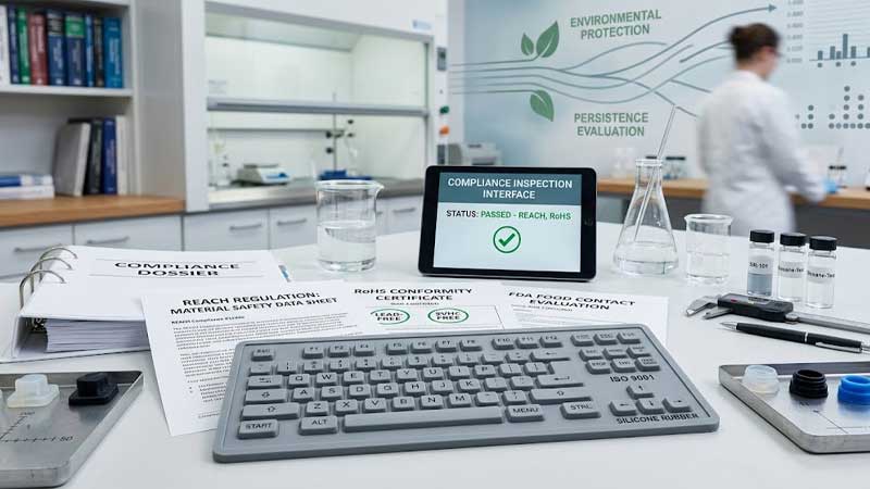 A silicone keypad on a laboratory desk surrounded by chemical compliance documents and inspection tools under neutral lighting
